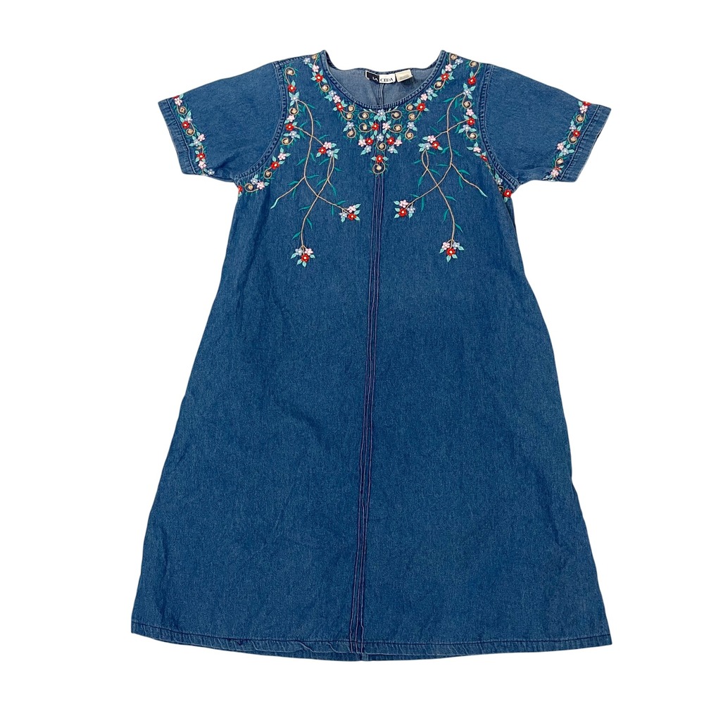 Vintage 90s La Cera Boho Floral Embroidered Denim Shift Dress Medium Wash SMALL